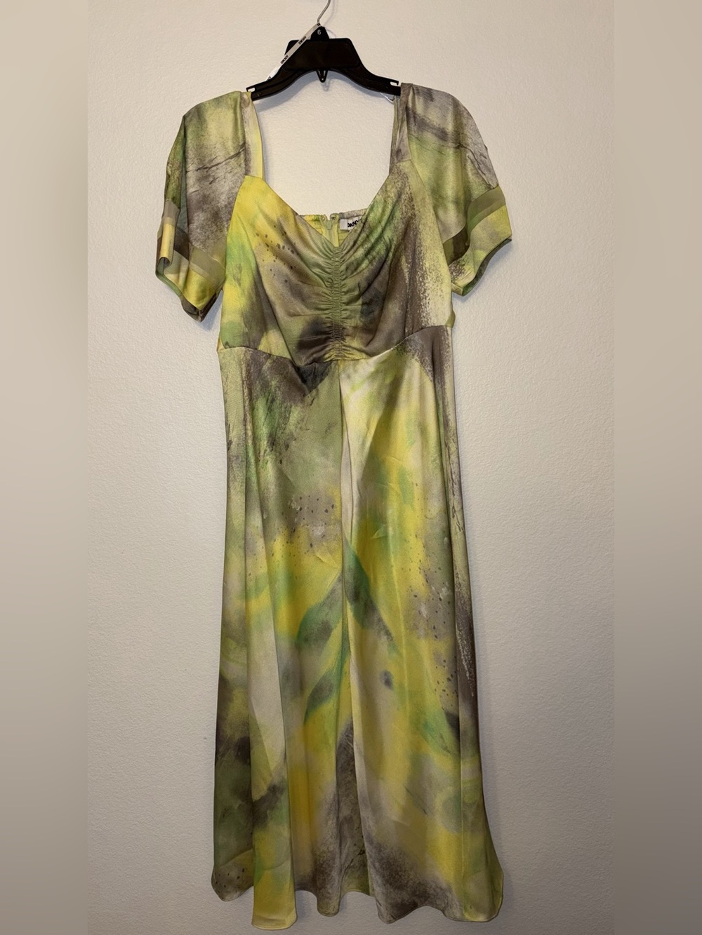NWT DKNY Printed Satin V-Neck Ruched Bust Midi Dress Green Yellow Women M